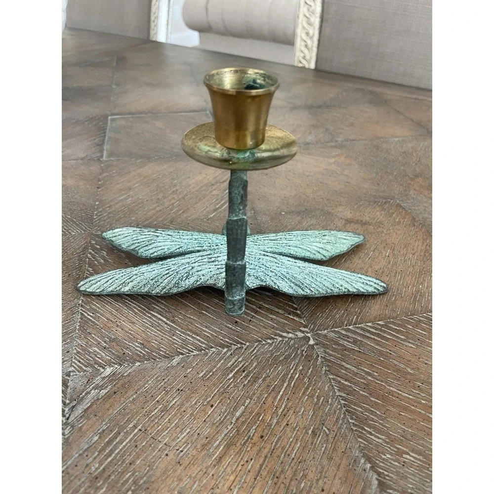 Vintage Brass & Green Metal Dragonfly Taper Candle Holder Candlestick